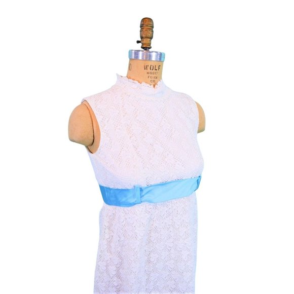 Vintage 1960s Lace Dress White Blue Bow Belt Formal Gown | B 29" - Picture 7 of 9